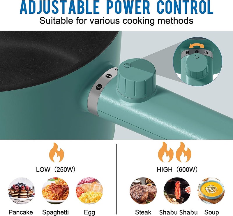TopWit Hot Pot Electric, 1.5L Ramen Cooker, Portable Non-Stick Frying Pan, Hot Pot for Pasta, Steak, BPA Free, Electric Cooker with Dual Power Control, Over-Heating & Boil Dry Protection, Green - Image 2